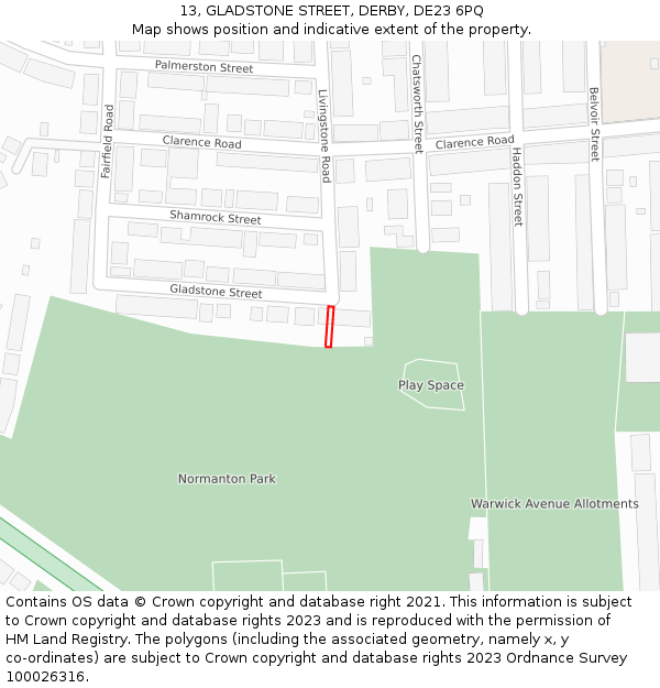 13, GLADSTONE STREET, DERBY, DE23 6PQ: Location map and indicative extent of plot