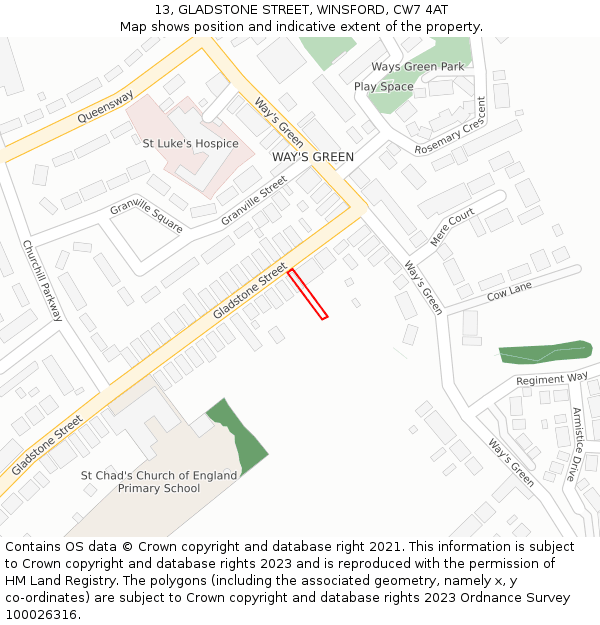 13, GLADSTONE STREET, WINSFORD, CW7 4AT: Location map and indicative extent of plot