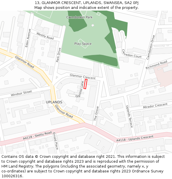 13, GLANMOR CRESCENT, UPLANDS, SWANSEA, SA2 0PJ: Location map and indicative extent of plot