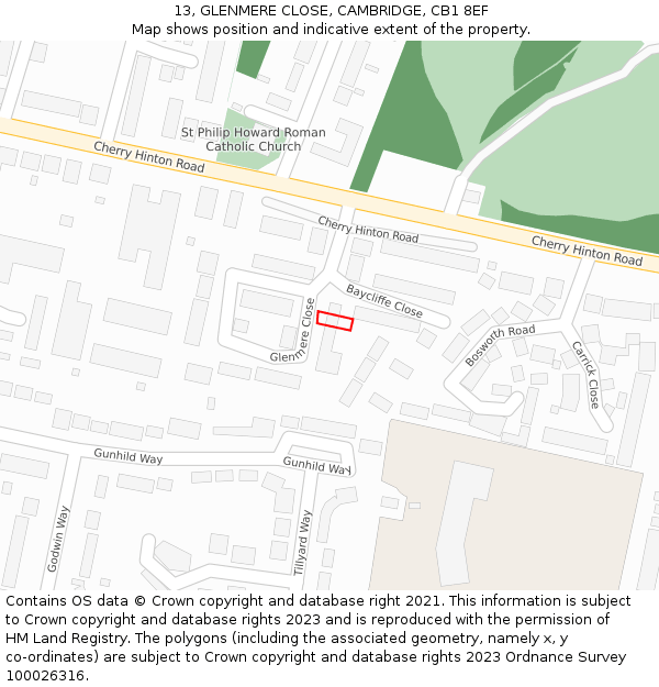 13, GLENMERE CLOSE, CAMBRIDGE, CB1 8EF: Location map and indicative extent of plot
