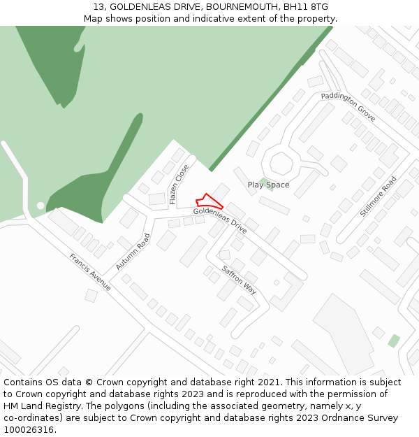 13, GOLDENLEAS DRIVE, BOURNEMOUTH, BH11 8TG: Location map and indicative extent of plot