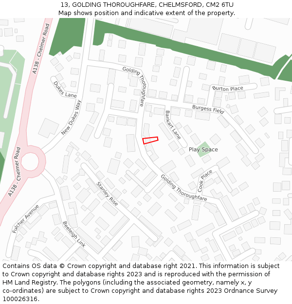 13, GOLDING THOROUGHFARE, CHELMSFORD, CM2 6TU: Location map and indicative extent of plot