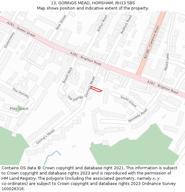 13, GORINGS MEAD, HORSHAM, RH13 5BS: Location map and indicative extent of plot