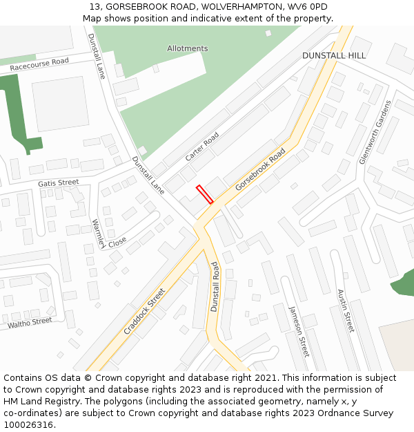 13, GORSEBROOK ROAD, WOLVERHAMPTON, WV6 0PD: Location map and indicative extent of plot