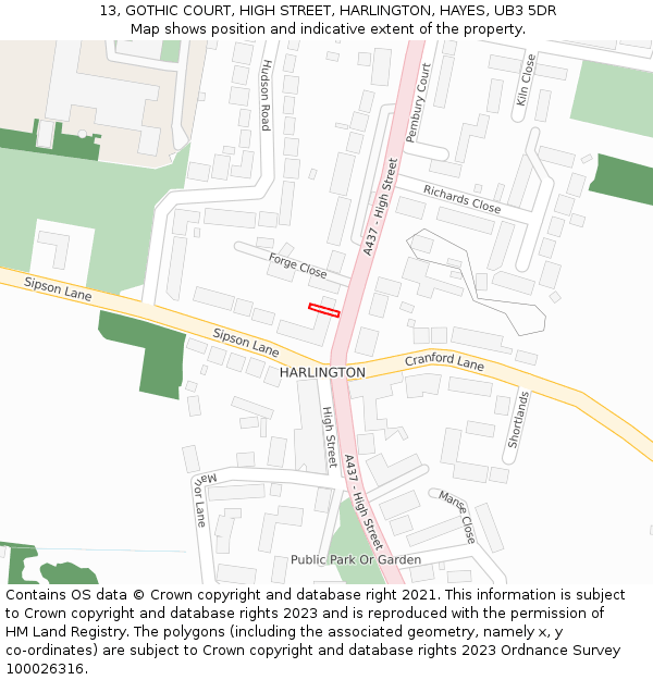 13, GOTHIC COURT, HIGH STREET, HARLINGTON, HAYES, UB3 5DR: Location map and indicative extent of plot