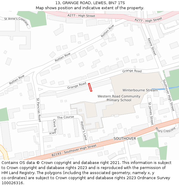 13, GRANGE ROAD, LEWES, BN7 1TS: Location map and indicative extent of plot
