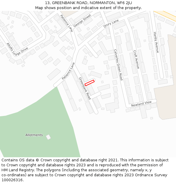 13, GREENBANK ROAD, NORMANTON, WF6 2JU: Location map and indicative extent of plot