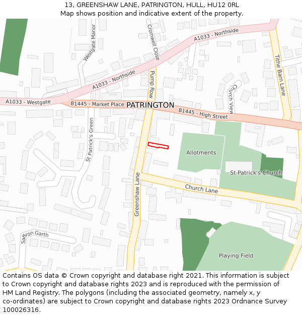 13, GREENSHAW LANE, PATRINGTON, HULL, HU12 0RL: Location map and indicative extent of plot