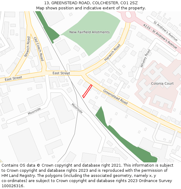 13, GREENSTEAD ROAD, COLCHESTER, CO1 2SZ: Location map and indicative extent of plot