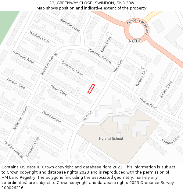 13, GREENWAY CLOSE, SWINDON, SN3 3RW: Location map and indicative extent of plot
