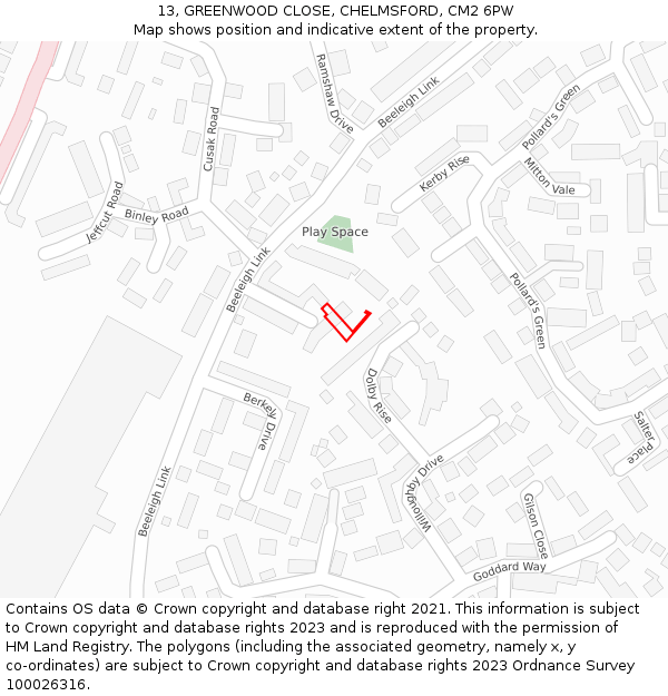 13, GREENWOOD CLOSE, CHELMSFORD, CM2 6PW: Location map and indicative extent of plot