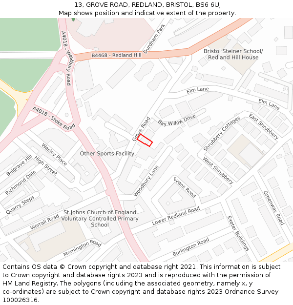13, GROVE ROAD, REDLAND, BRISTOL, BS6 6UJ: Location map and indicative extent of plot