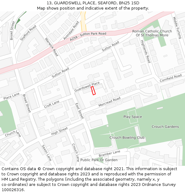 13, GUARDSWELL PLACE, SEAFORD, BN25 1SD: Location map and indicative extent of plot