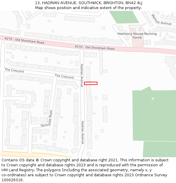 13, HADRIAN AVENUE, SOUTHWICK, BRIGHTON, BN42 4LJ: Location map and indicative extent of plot