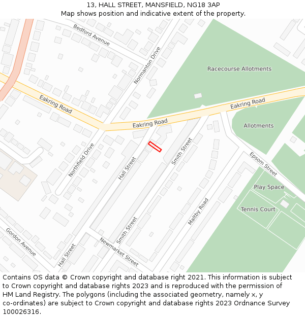 13, HALL STREET, MANSFIELD, NG18 3AP: Location map and indicative extent of plot