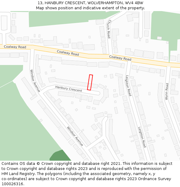 13, HANBURY CRESCENT, WOLVERHAMPTON, WV4 4BW: Location map and indicative extent of plot