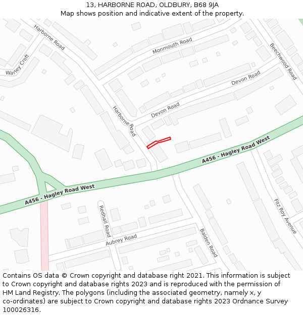 13, HARBORNE ROAD, OLDBURY, B68 9JA: Location map and indicative extent of plot