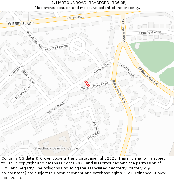 13, HARBOUR ROAD, BRADFORD, BD6 3RJ: Location map and indicative extent of plot