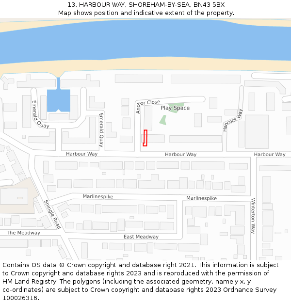 13, HARBOUR WAY, SHOREHAM-BY-SEA, BN43 5BX: Location map and indicative extent of plot