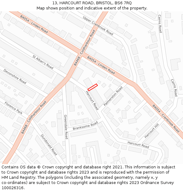 13, HARCOURT ROAD, BRISTOL, BS6 7RQ: Location map and indicative extent of plot