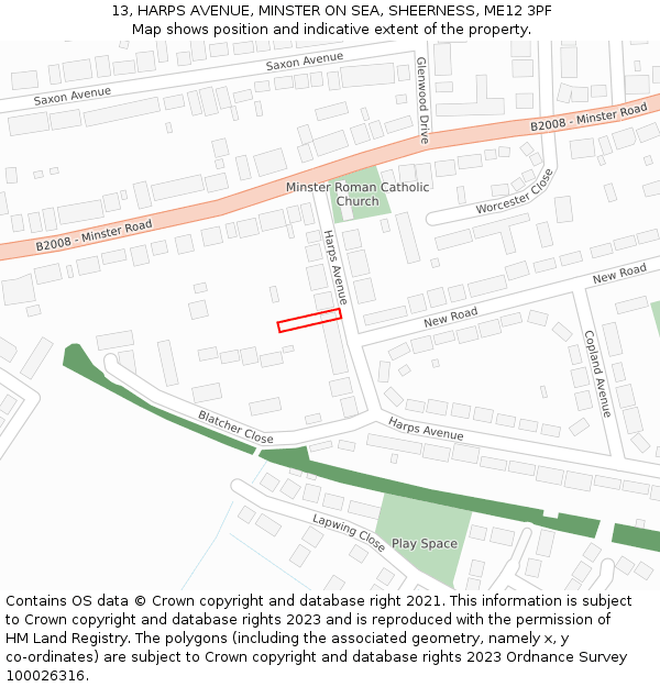 13, HARPS AVENUE, MINSTER ON SEA, SHEERNESS, ME12 3PF: Location map and indicative extent of plot
