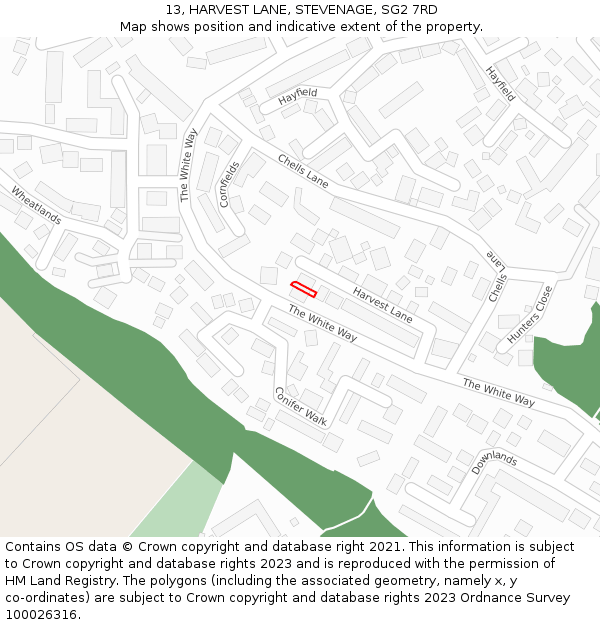 13, HARVEST LANE, STEVENAGE, SG2 7RD: Location map and indicative extent of plot