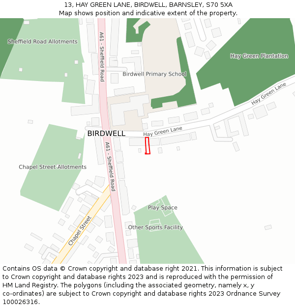 13, HAY GREEN LANE, BIRDWELL, BARNSLEY, S70 5XA: Location map and indicative extent of plot