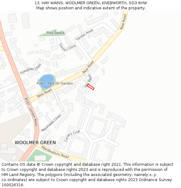 13, HAY WAINS, WOOLMER GREEN, KNEBWORTH, SG3 6HW: Location map and indicative extent of plot