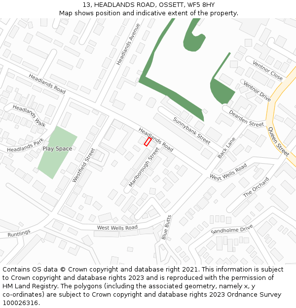 13, HEADLANDS ROAD, OSSETT, WF5 8HY: Location map and indicative extent of plot