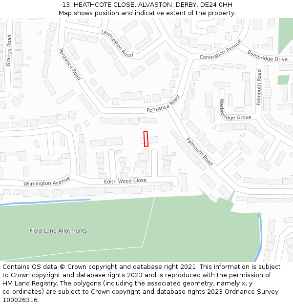 13, HEATHCOTE CLOSE, ALVASTON, DERBY, DE24 0HH: Location map and indicative extent of plot