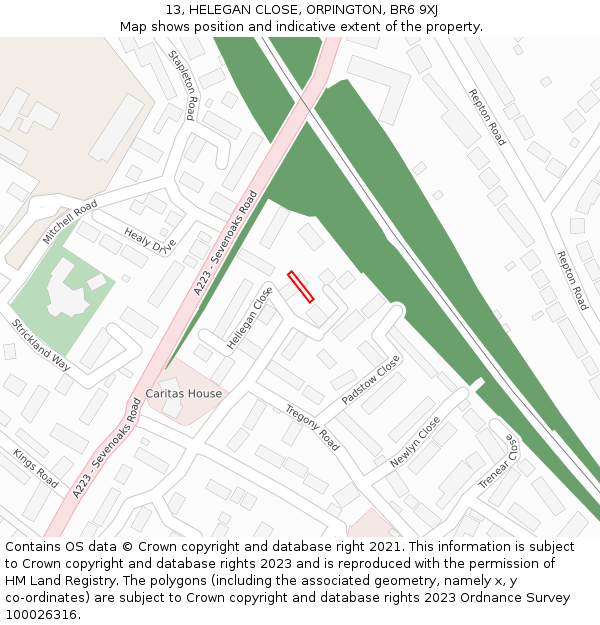 13, HELEGAN CLOSE, ORPINGTON, BR6 9XJ: Location map and indicative extent of plot