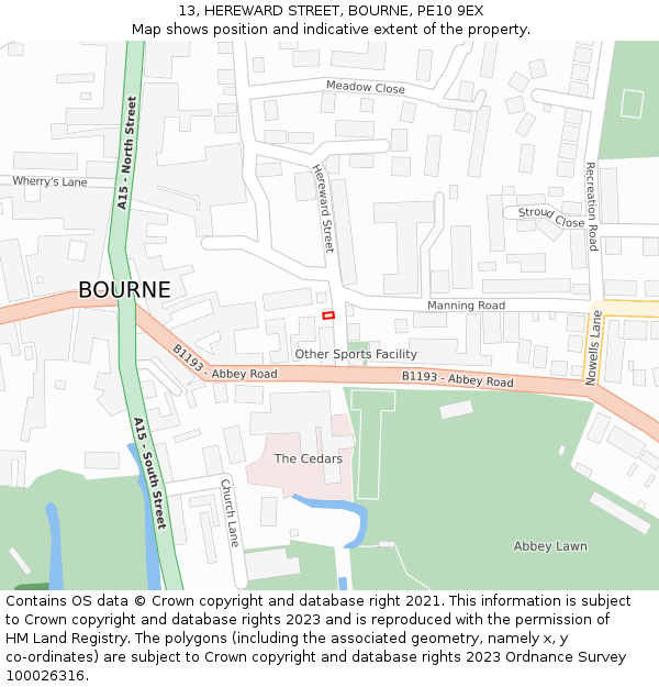 13, HEREWARD STREET, BOURNE, PE10 9EX: Location map and indicative extent of plot