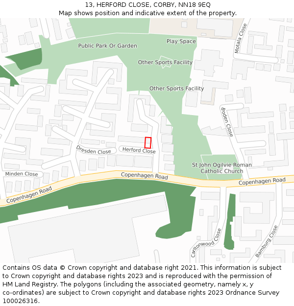 13, HERFORD CLOSE, CORBY, NN18 9EQ: Location map and indicative extent of plot