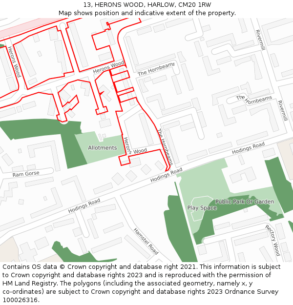 13, HERONS WOOD, HARLOW, CM20 1RW: Location map and indicative extent of plot