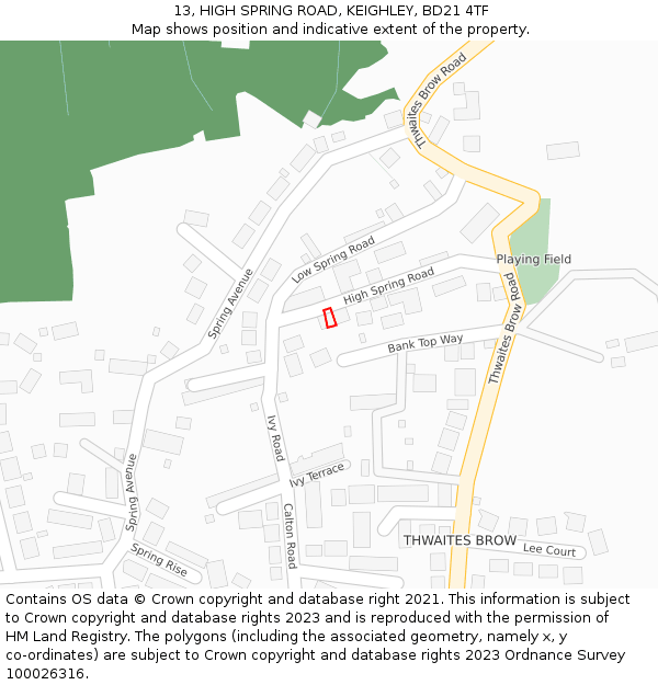 13, HIGH SPRING ROAD, KEIGHLEY, BD21 4TF: Location map and indicative extent of plot