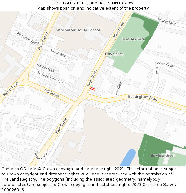 13, HIGH STREET, BRACKLEY, NN13 7DW: Location map and indicative extent of plot