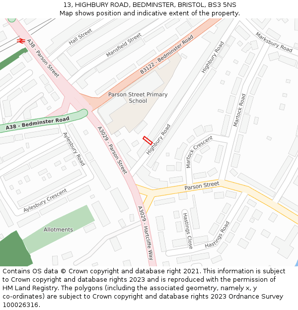 13, HIGHBURY ROAD, BEDMINSTER, BRISTOL, BS3 5NS: Location map and indicative extent of plot