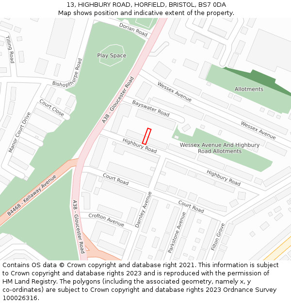 13, HIGHBURY ROAD, HORFIELD, BRISTOL, BS7 0DA: Location map and indicative extent of plot