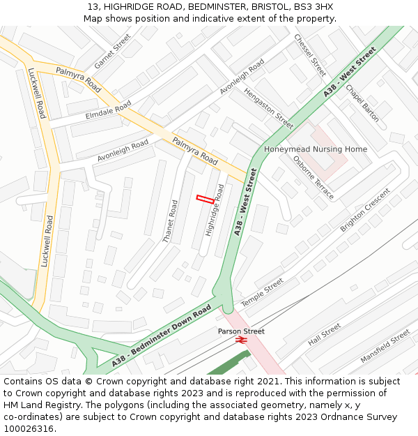 13, HIGHRIDGE ROAD, BEDMINSTER, BRISTOL, BS3 3HX: Location map and indicative extent of plot