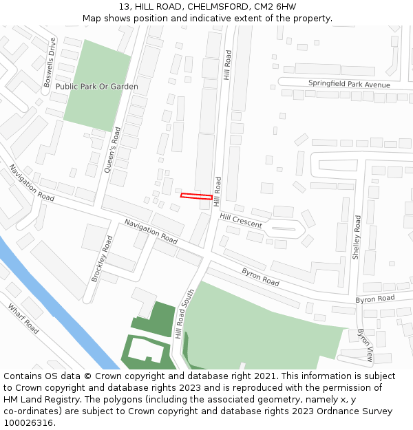 13, HILL ROAD, CHELMSFORD, CM2 6HW: Location map and indicative extent of plot