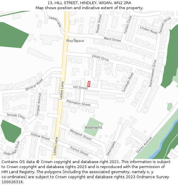 13, HILL STREET, HINDLEY, WIGAN, WN2 2RA: Location map and indicative extent of plot
