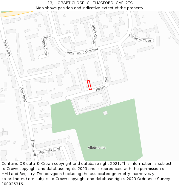 13, HOBART CLOSE, CHELMSFORD, CM1 2ES: Location map and indicative extent of plot