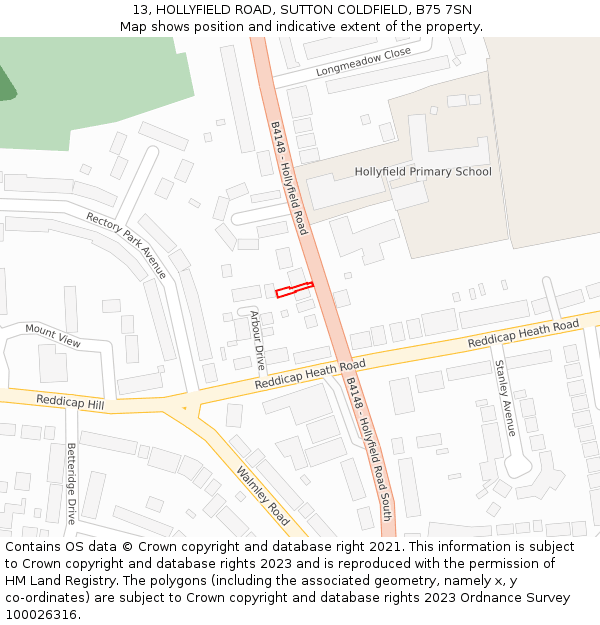 13, HOLLYFIELD ROAD, SUTTON COLDFIELD, B75 7SN: Location map and indicative extent of plot