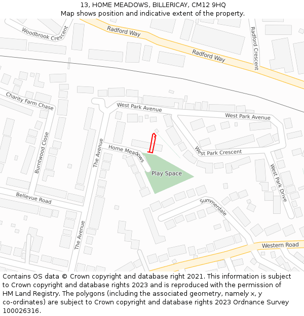 13, HOME MEADOWS, BILLERICAY, CM12 9HQ: Location map and indicative extent of plot