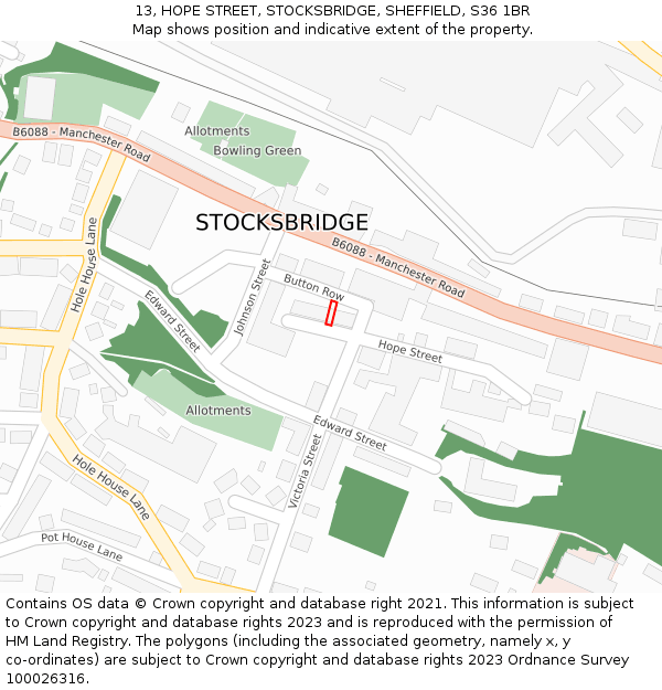 13, HOPE STREET, STOCKSBRIDGE, SHEFFIELD, S36 1BR: Location map and indicative extent of plot