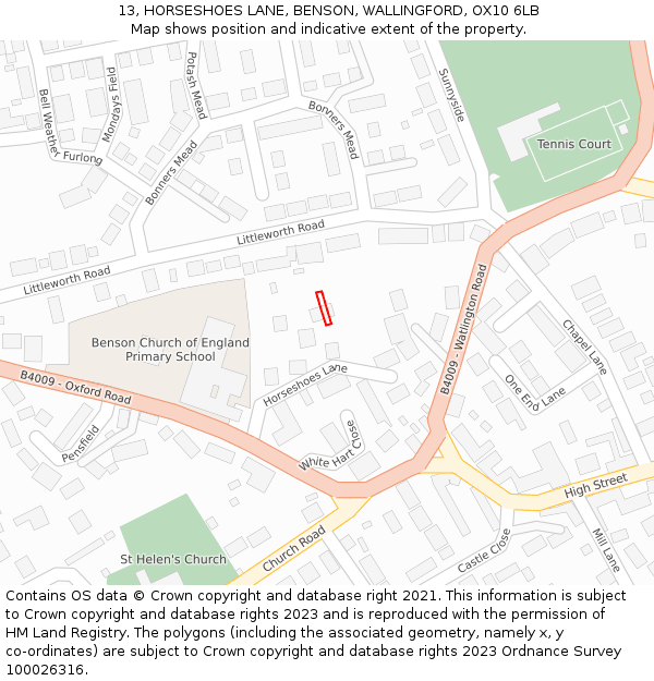 13, HORSESHOES LANE, BENSON, WALLINGFORD, OX10 6LB: Location map and indicative extent of plot