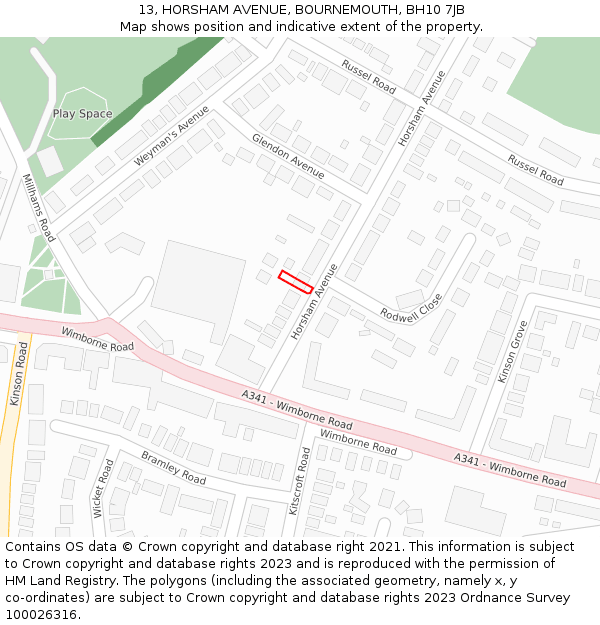 13, HORSHAM AVENUE, BOURNEMOUTH, BH10 7JB: Location map and indicative extent of plot