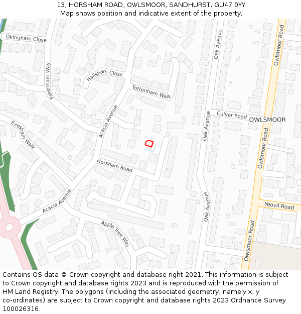 13, HORSHAM ROAD, OWLSMOOR, SANDHURST, GU47 0YY: Location map and indicative extent of plot