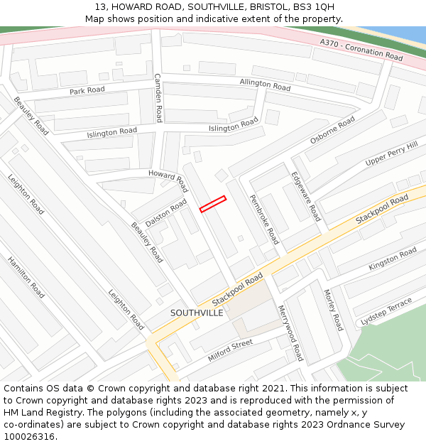 13, HOWARD ROAD, SOUTHVILLE, BRISTOL, BS3 1QH: Location map and indicative extent of plot