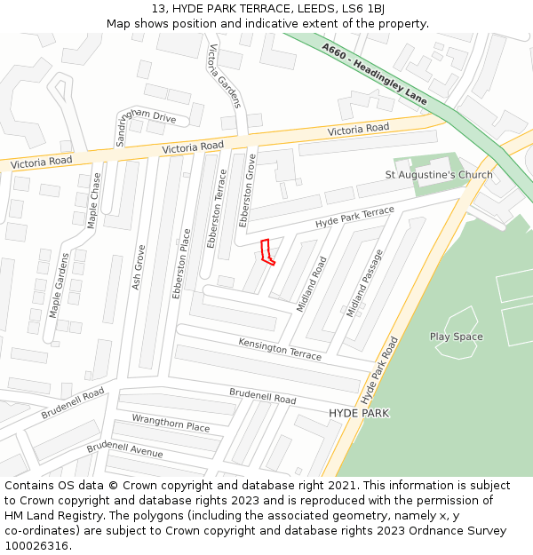 13, HYDE PARK TERRACE, LEEDS, LS6 1BJ: Location map and indicative extent of plot